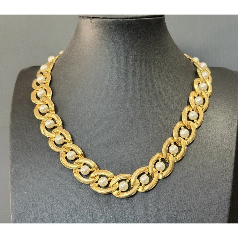 Vintage Gold Tone Imitation Caged Pearl Link Necklace Chunky Collar Necklace